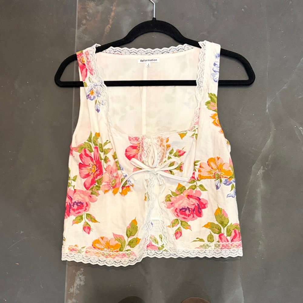Reformation Floral Lace-Trim Camisole in White with Pink & Orange Roses